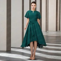 charming wedding guest party gown for mom o neck tea length chiffon formal godmother of the bride dresses draped green vestidos