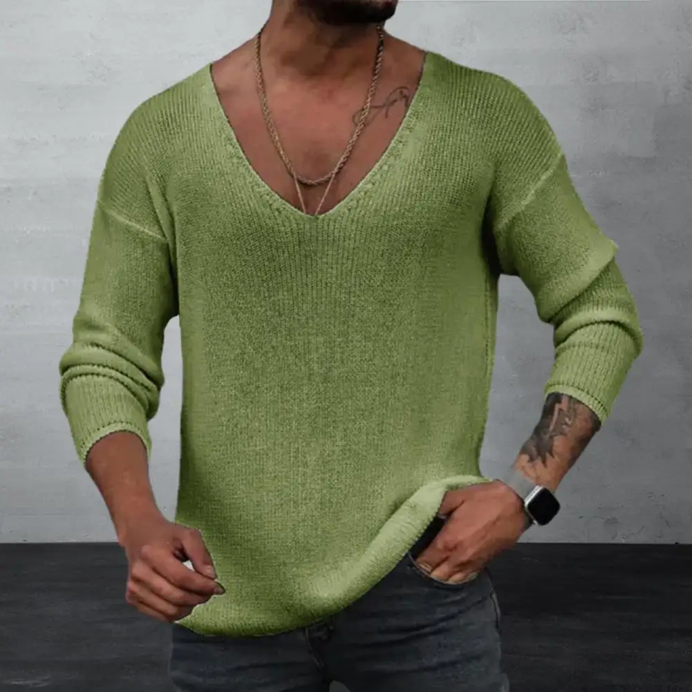 

Men Sweater Spring Autumn V-neck Long Sleeve Sweater Loose Fit Bottoming Pullover Tops Simple Casual Knitting Tee Tops
