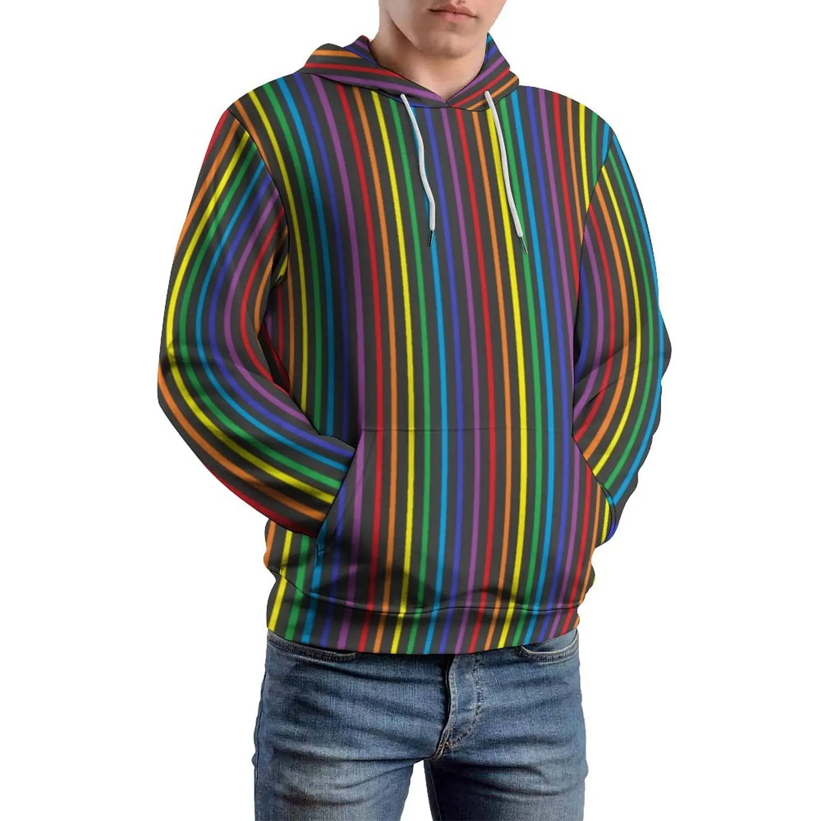 

Pinstripe Rainbow Loose Hoodies Colorful Stripes Print Cool Hoodie Men Long-Sleeve Oversize Casual Printed Hooded Sweatshirts