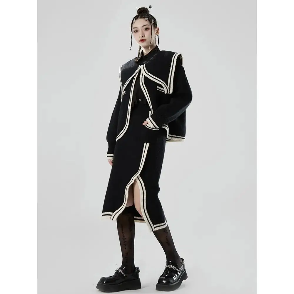 

black korean warm sets for women 2022 Korean style two piece set conjuntos de vestido coat Suits Solid Tops Vintage coat Sets