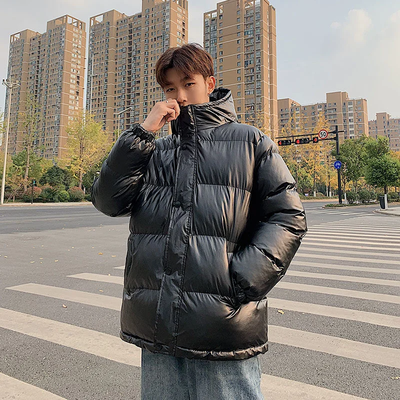 Winter Jacket Men Warm Fashion Casual Silver/Black Thick Down Jacket Men Streetwear Loose Short Coat Men Shiny Hooded Parker