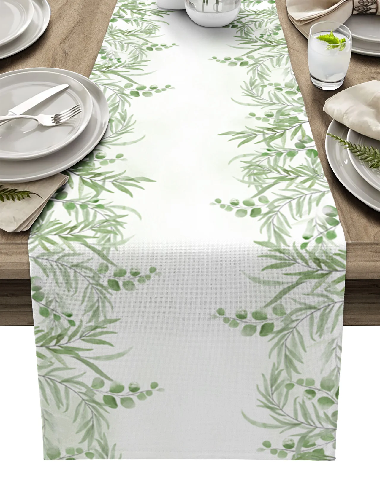 

Watercolor Green Plant Leaves Table Runner luxury Kitchen Dinner Table Cover Wedding Party Decor Cotton Linen Tablecloth