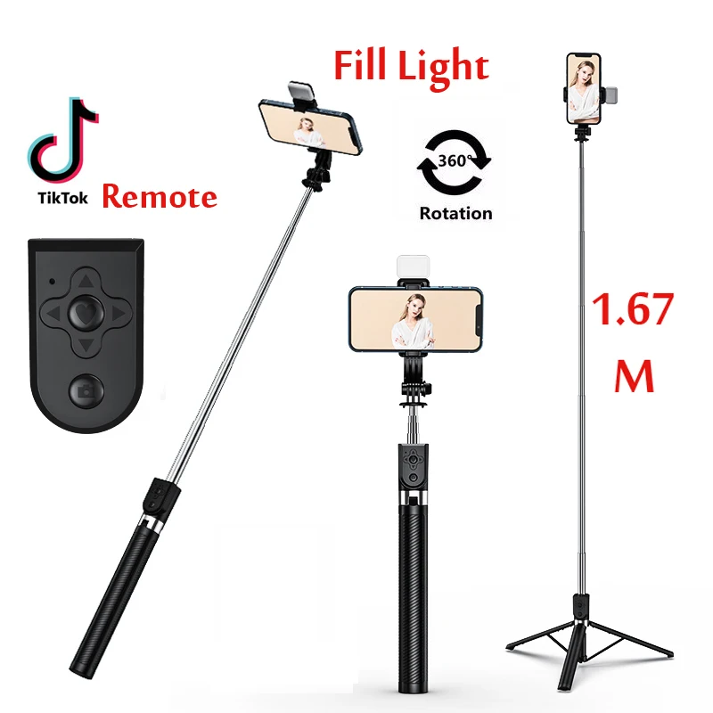 

Tongkat Selfie Nirkabel Bluetooth Diperpanjang Panjang 1.67M Live Broacast Penyangga Tripod Dapat Dilipat dengan Lampu Fill