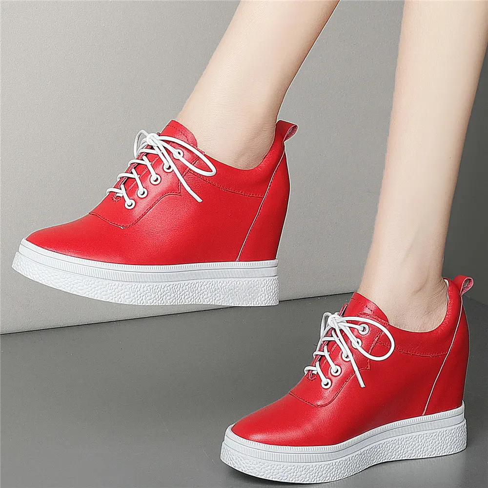 

Platform Pumps Shoes Women Lace Up Genuine Leather Wedges High Heel Ankle Boots Female Round Toe Fashion Sneakers Casual Shoes