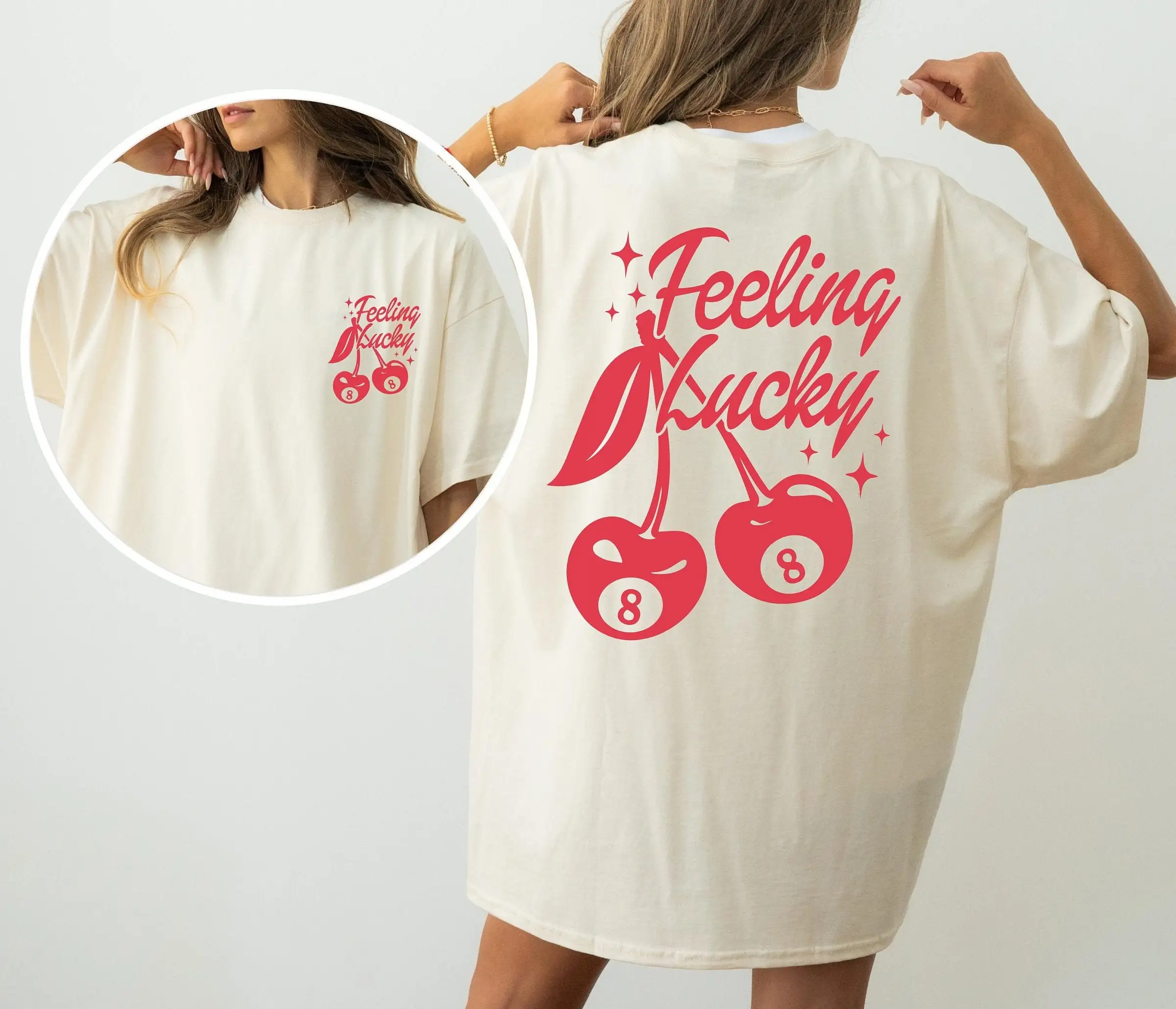 Feeling Lucky T Shirt You Cherry 8 Ball Retro Back And Front Trendy Number