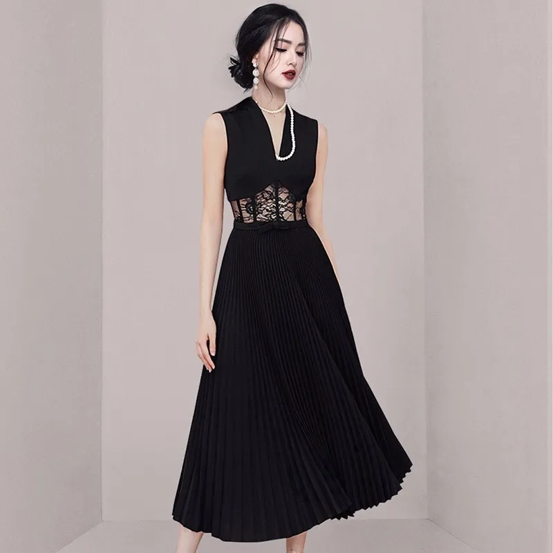 

Runway Elegant Lace Splicing Long Women's Summer Sheath Office Party Dresses Occupation Work A Line Sheer Pleated Vestidos