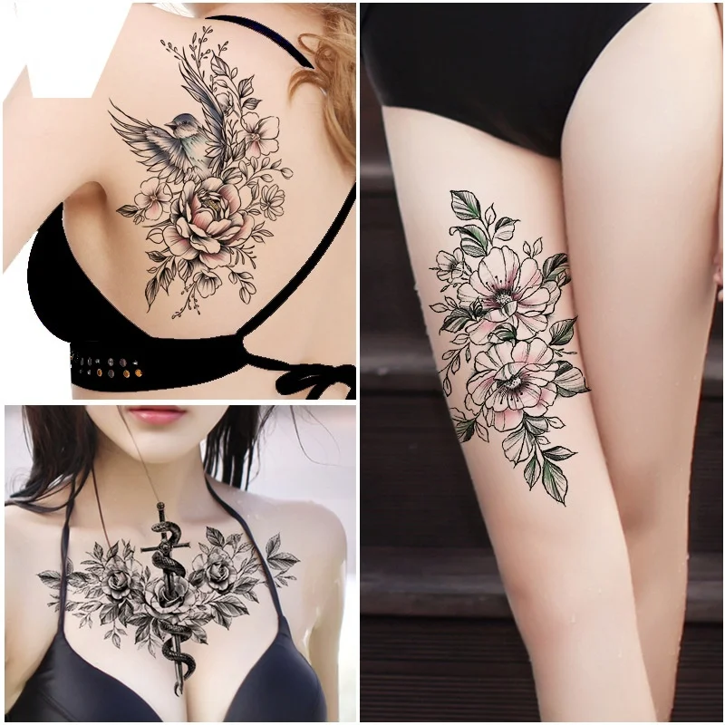 

Black Large Snake Flower Fake Tattoo Sticker For Women Dot Rose Peony Temporary Tattoos DIY Water Transfer Tatoos Girls