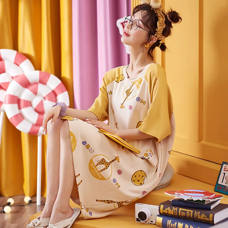 Summer Knitted Cotton Women Nightgown Short Sleeve Cartoon Sweet Soft Female Nightdress Loose  Girls Nightwear