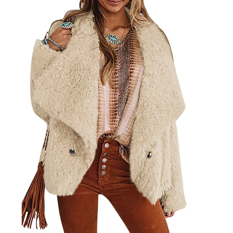 

Thick Faux Fur V Neck Collar Plush Overcoat Jackets Women Teddy Jacket Solid Color Button Casual Warm Outerwear Tweed Coat mujer