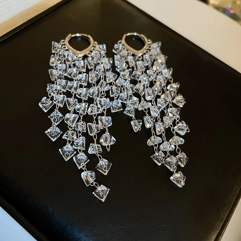 

Korean Transparent Crystal Tassel Earrings For Women Fashion Jewelry Fashion Bijoux Statement Long Drop Pendientes Brincos