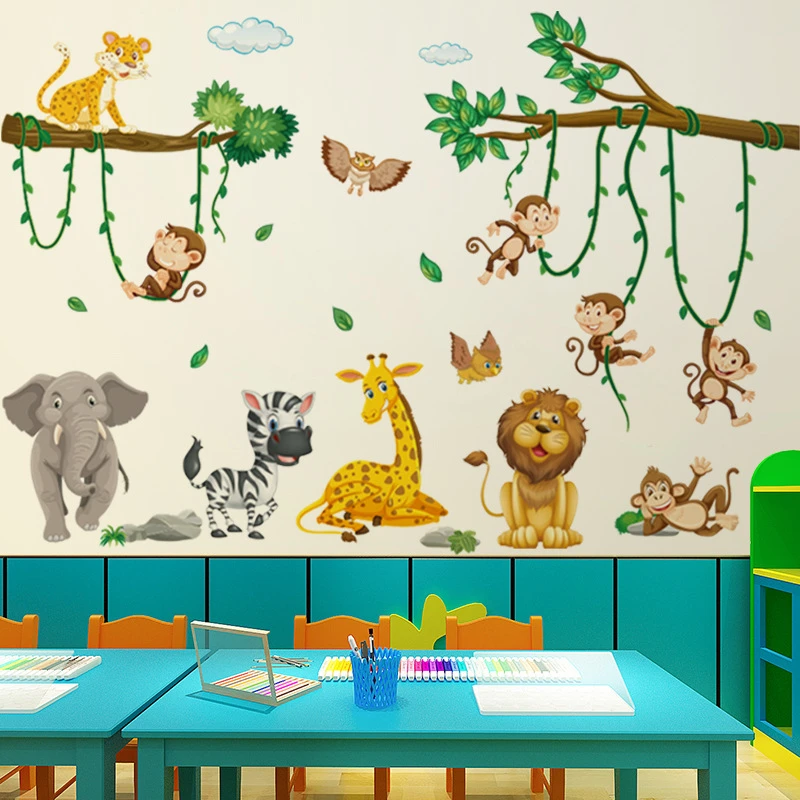 

Wall Stickers for Chilidren's Room Cartoon Animals Jungle Lion Giraffe Monkey Stickers for Children Room Decor Kids Wall Decor