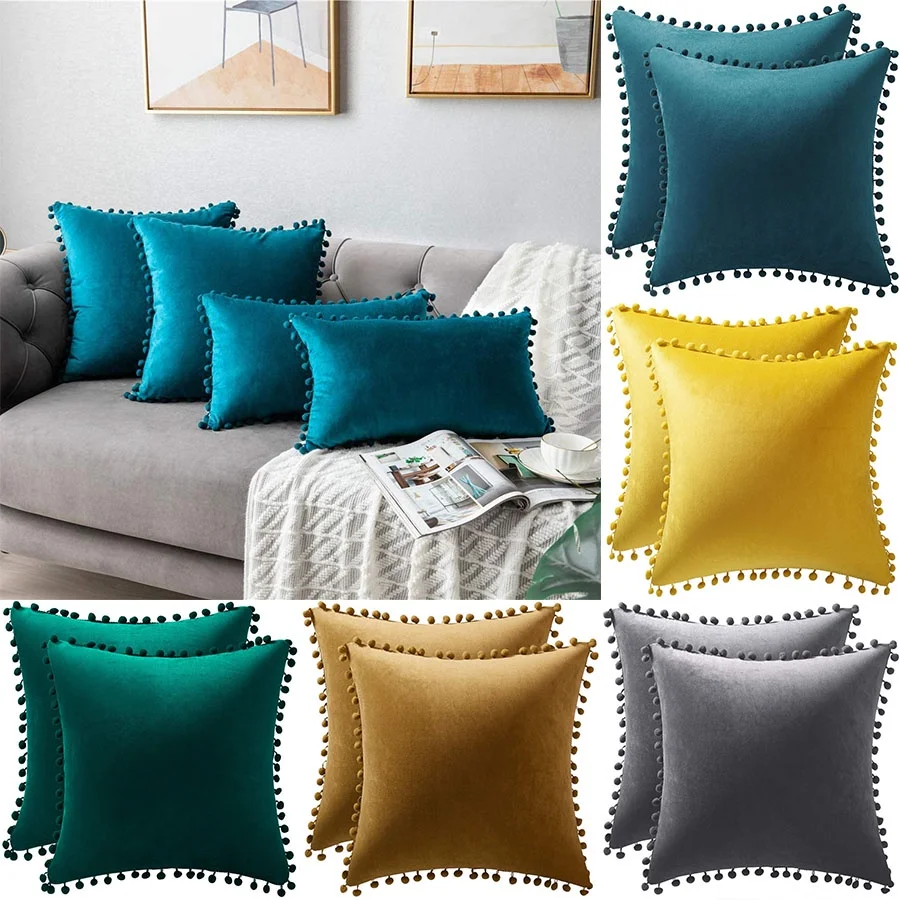 

Throw Pillow Cases Cozy Soft Pom-poms Velvet Rectangular Decorative Pillow Covers for Farmhouse Home Decor Turquoise