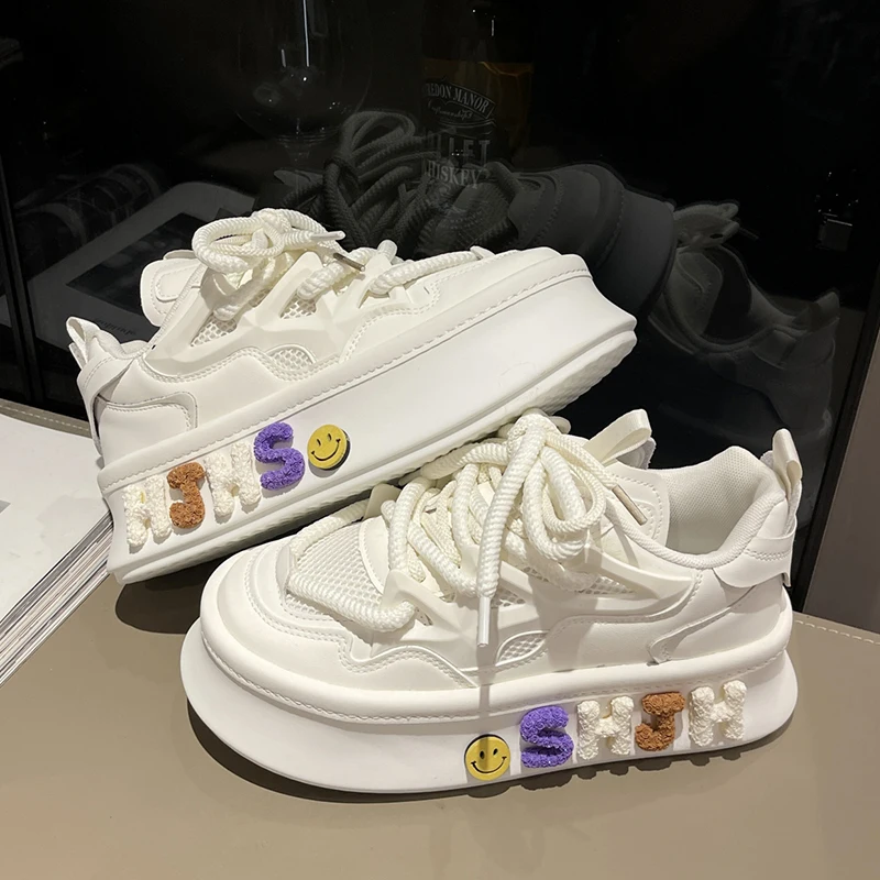 

Korean Shoes Casual Female Sneakers Round Toe Clogs Platform 2023 New Small Cross Creepers Leisure Cross-tied Basic Lace-Up Cott
