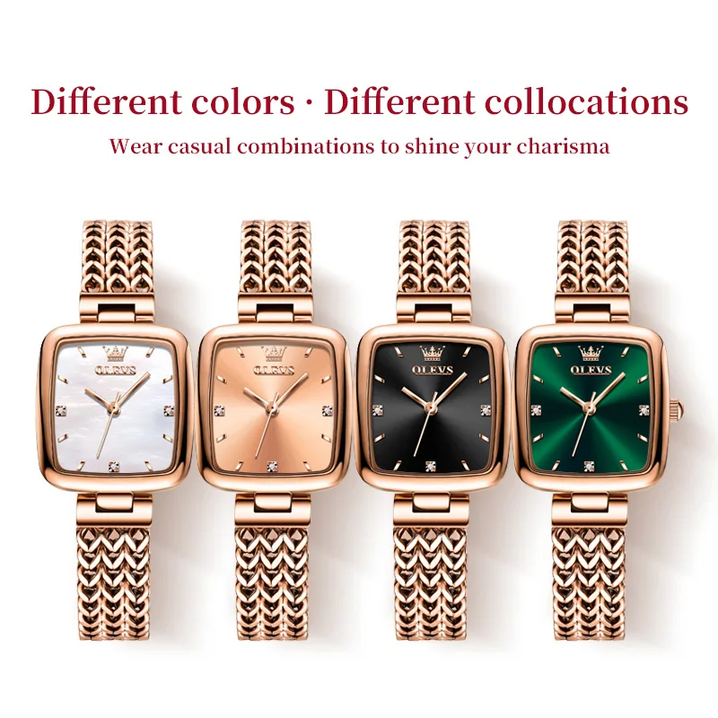OLEVS Original Watch for Women with Bracelet Waterproof Square Rose Gold Colur Stainless Steel Elegant Quartz Ladies Watches