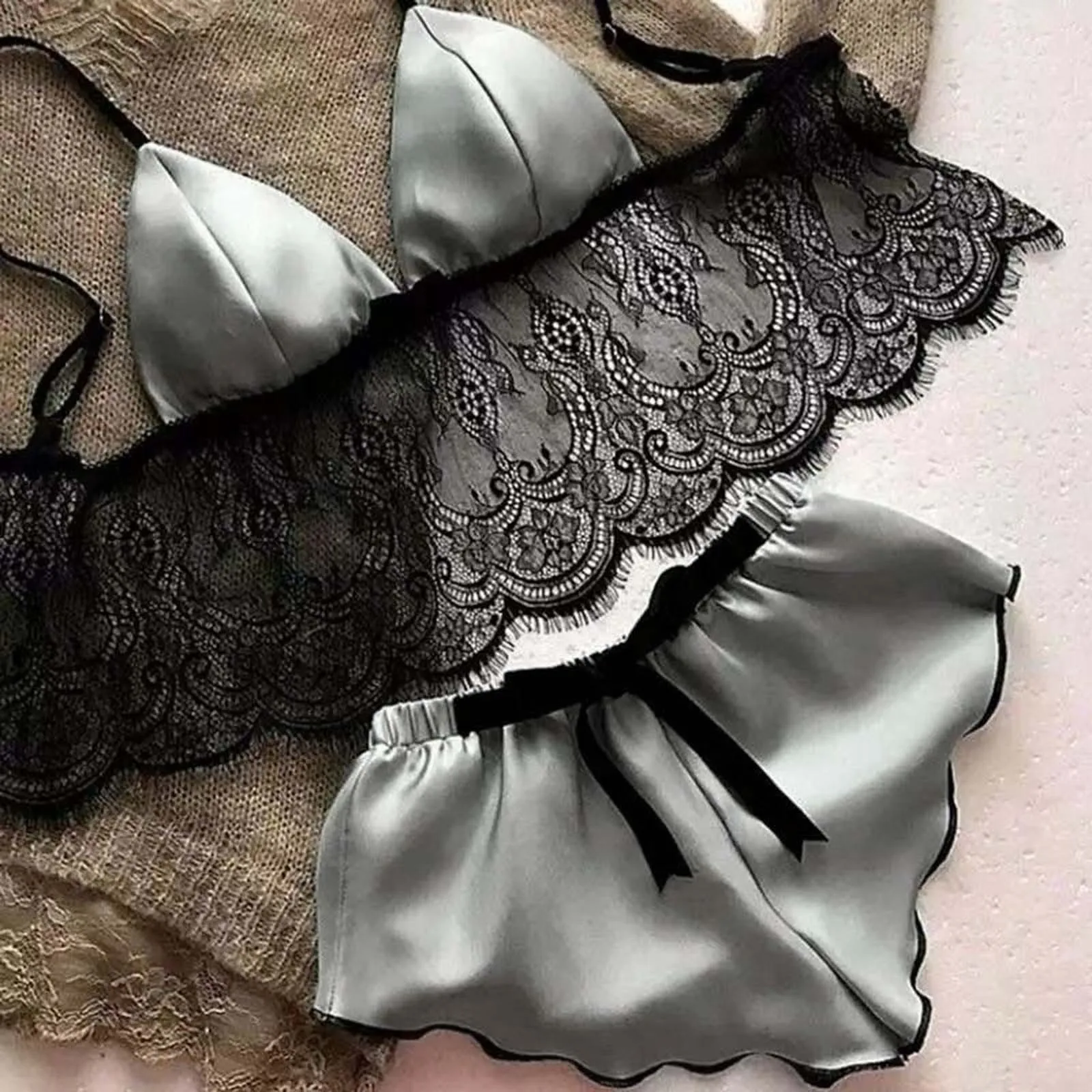 

2022 Women Lace Trim Sleepwear Sleeveless Strap Nightwear Satin Cami Top Pajama Sets Femme Sexy Lingerie Pyjamas Women Sleepwear