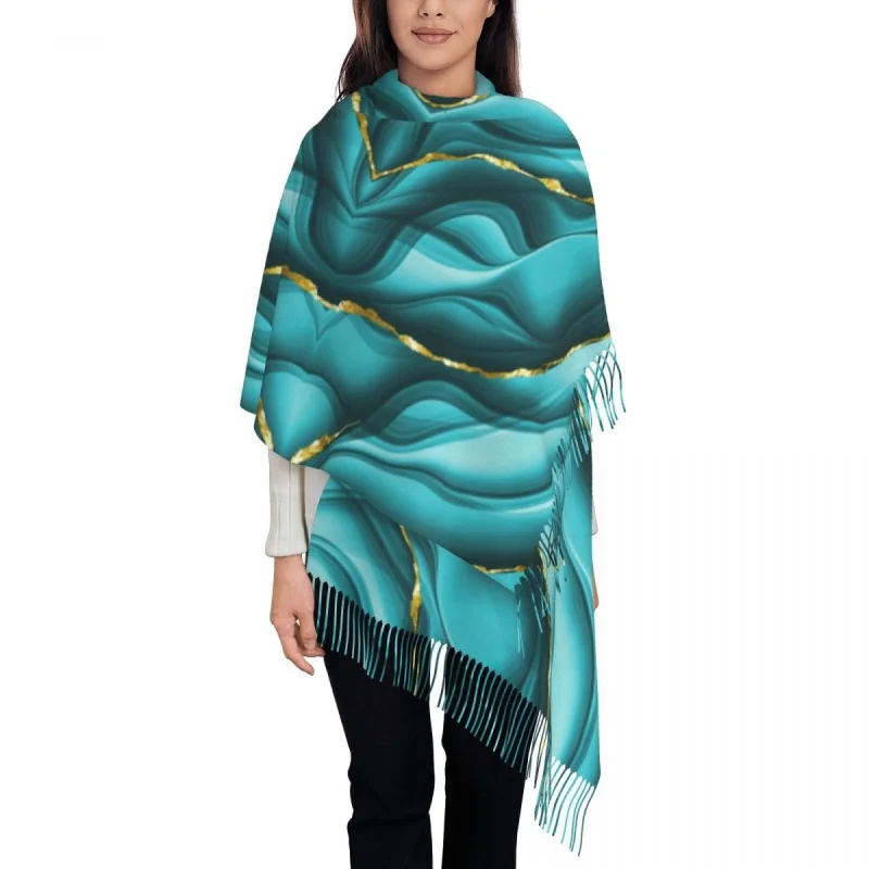 

Teal And Gold Abstract Ink Scarf Wrap for Women Long Winter Fall Warm Tassel Shawl Unisex Texture Marble Geometric Stone Scarves
