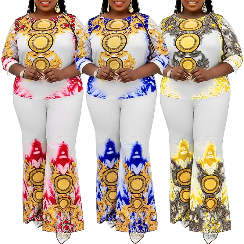 2 Piece Set Women Africa Clothes Plus Size Suit Casual Fashion Printing Two-piece Set Elegant Lady Tops + Pants Work Wear Outfit