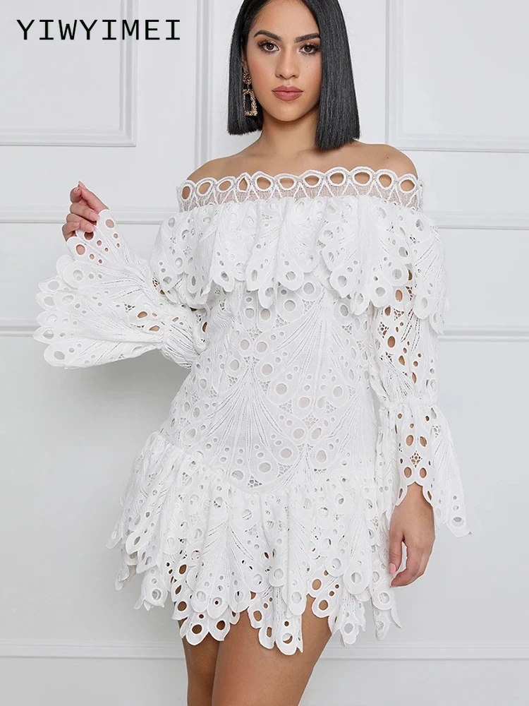 

Luxury Designer White Dresses Women High Waist Elegant Long Sleeve Mini Female Vintage Slash Neck Dress Vestidos Mujer