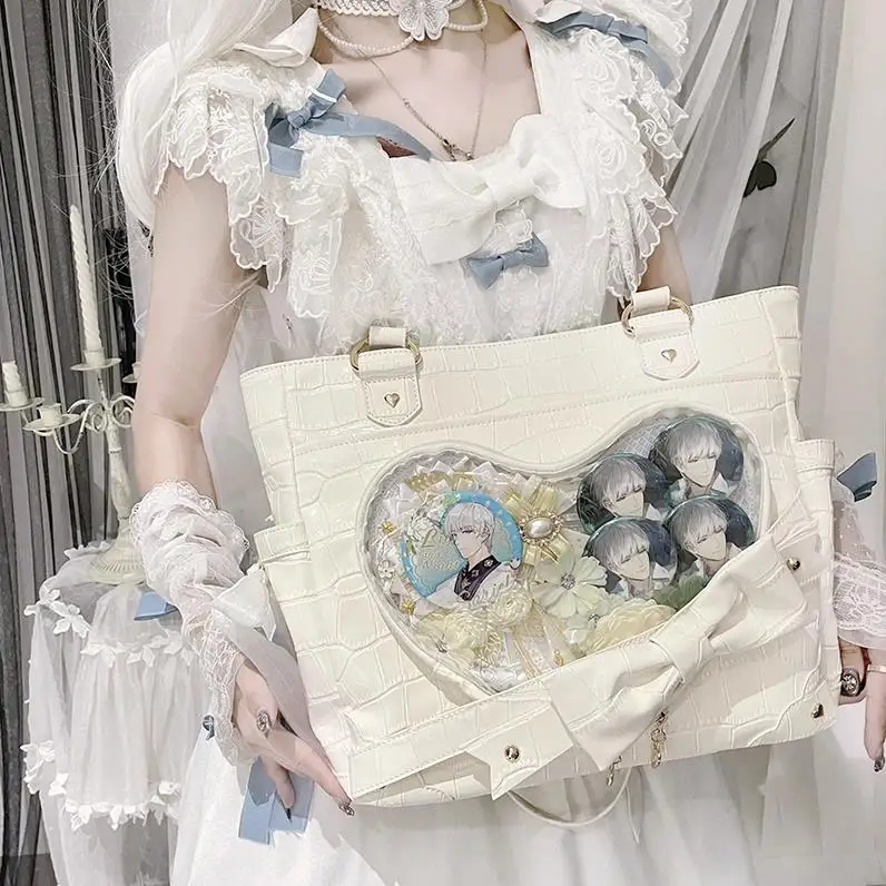 

Fashion Women Lolita JK Underarm Handbag Birthday 20cm Bowknot itabag Heart-shaped Transparent Doll Shown Crossbody Bags Gift