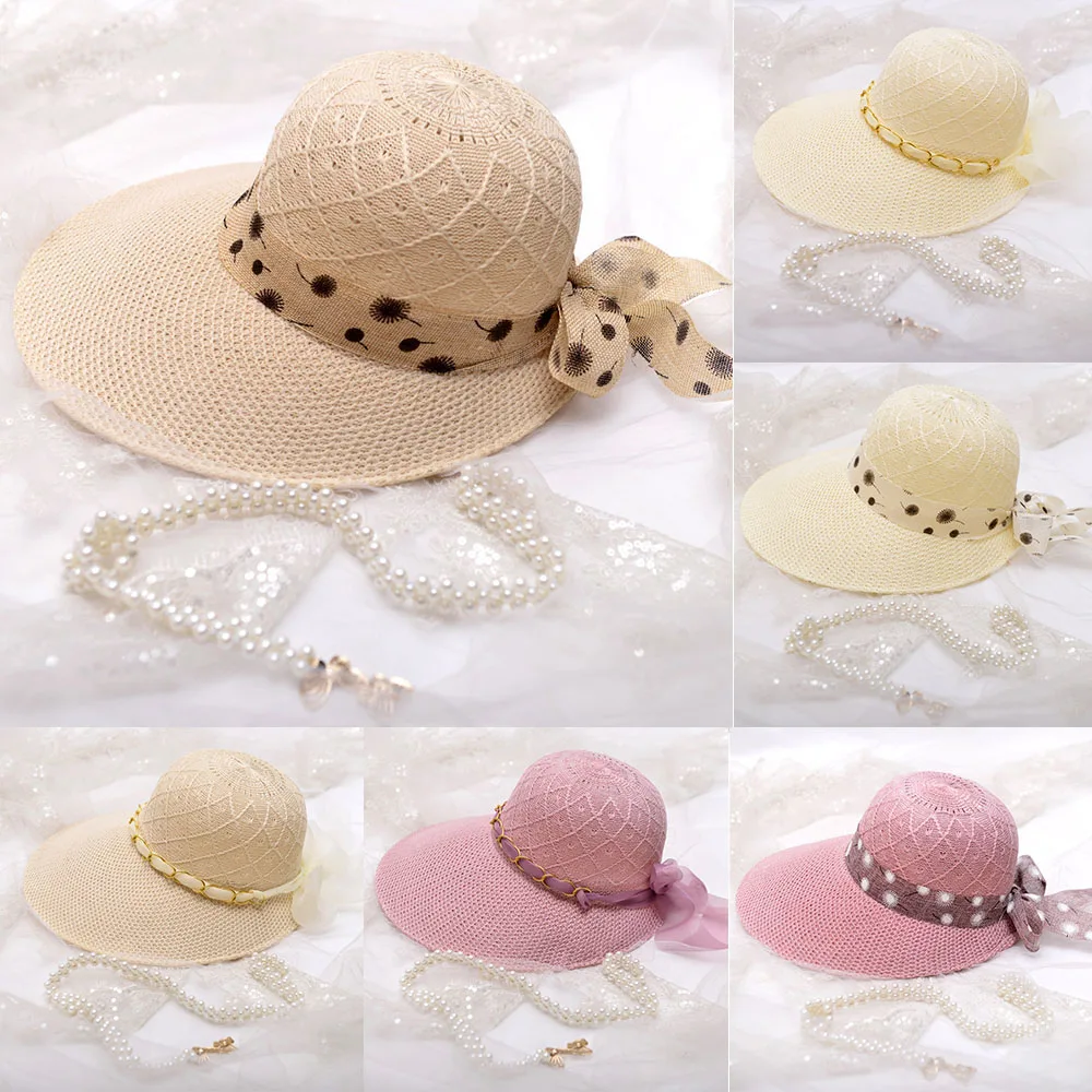 

Womens Sun Straw Hat Wide Brim Ribbon Beach Hat Ladies Summer Outdoor Bucket Hat Foldable Panama Caps Sun Protection Bowknot