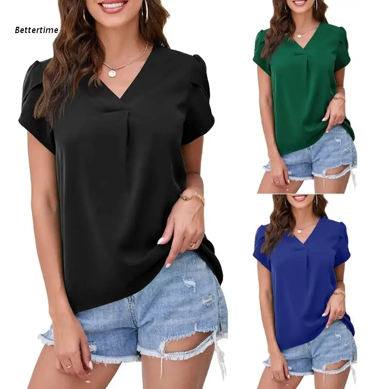

B36D Women Summer Casual Short Petal Sleeve Loose T-Shirt V-Neck Pleated Solid Color Curved Hem Pullover Blouses Tunic Top