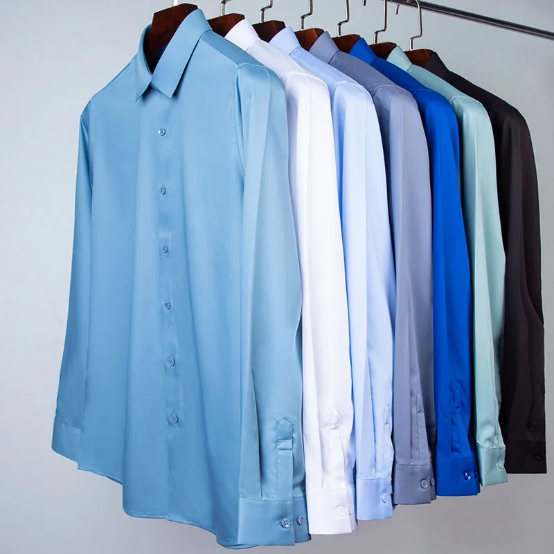 Sinwoyan Solid Aloe Fiber Mens Dress Shirts Comfortable Long Sleeve Soft Elastic Business Male Social Shirt Formal New Autumn