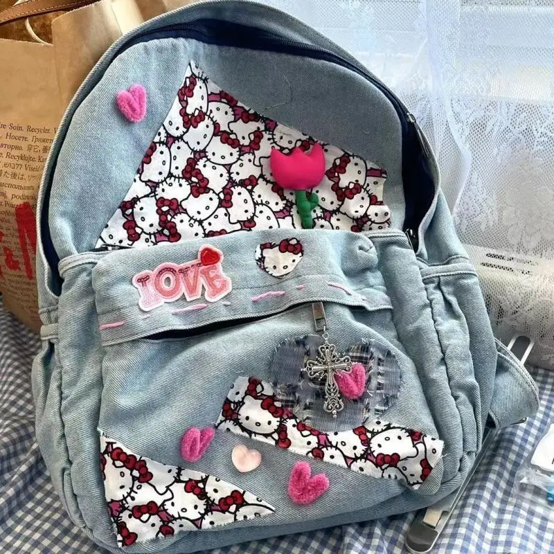 

Kawaii Sanriod Anime Hobby Kitty Sweet and Versatile Contrast Color Large-Capacity Stitching Backpack Ladies School Bag