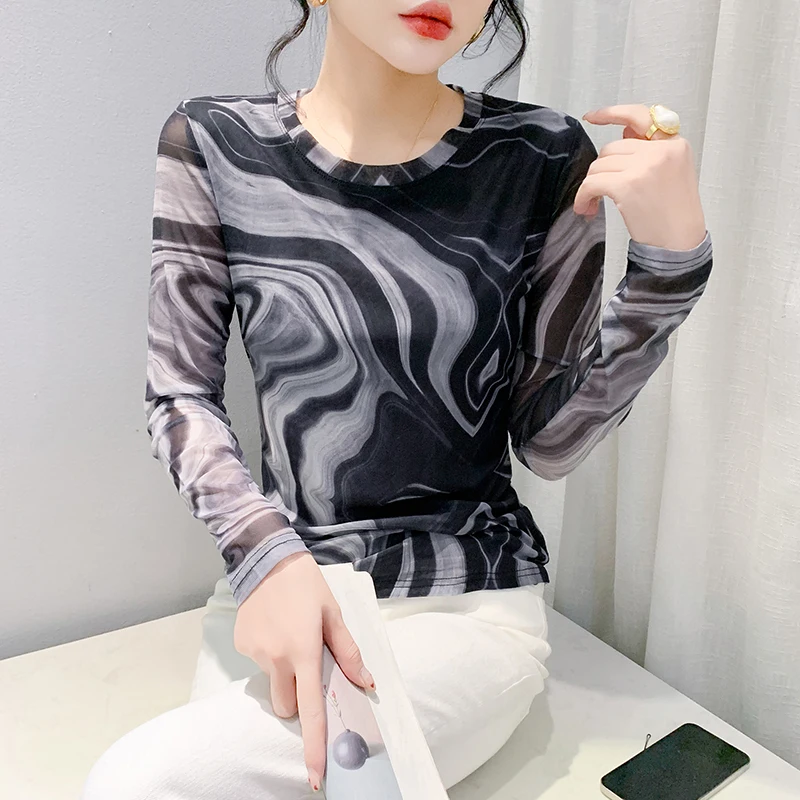 Ozhouzhan футболка из тонкой сетки женская весенне-осенняя одежда с длинными