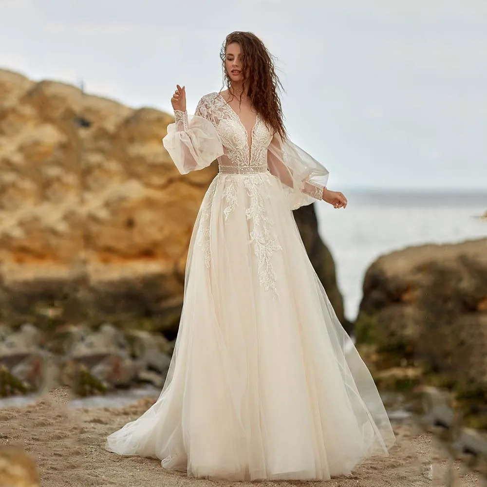 

Bohemian Wedding Dresses Lace Applique Beading Bridal Gown Beach 2022 Deep V-Neck Illusion Puff Sleeve Zipper Bride Dress Custom