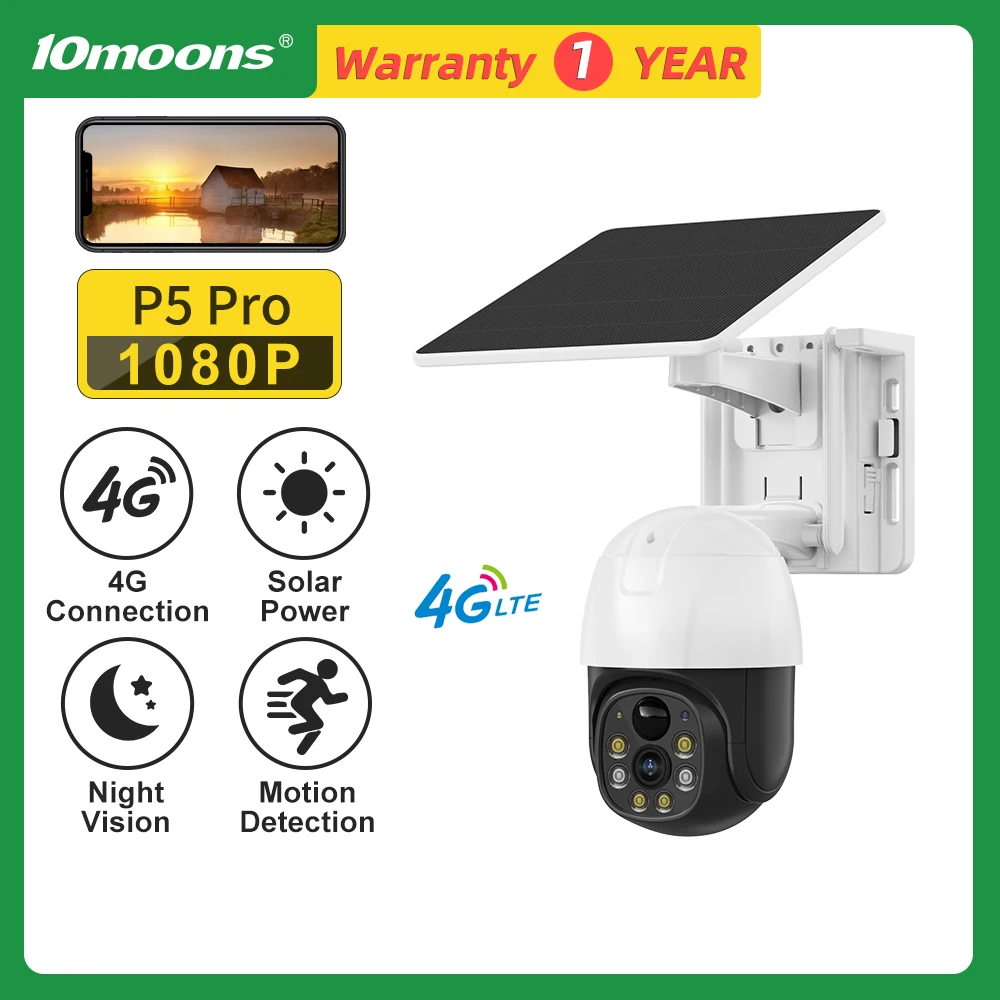 

10moons 2mp solar ip cameras rechargeable 4g WIFI PTZ video monitoring waterproof outdoor security camera PIR color night