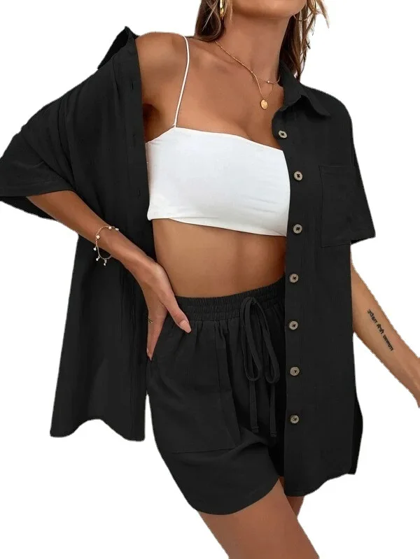 Повседневный свободный однобортный топ и шорты на шнурке модные женские
