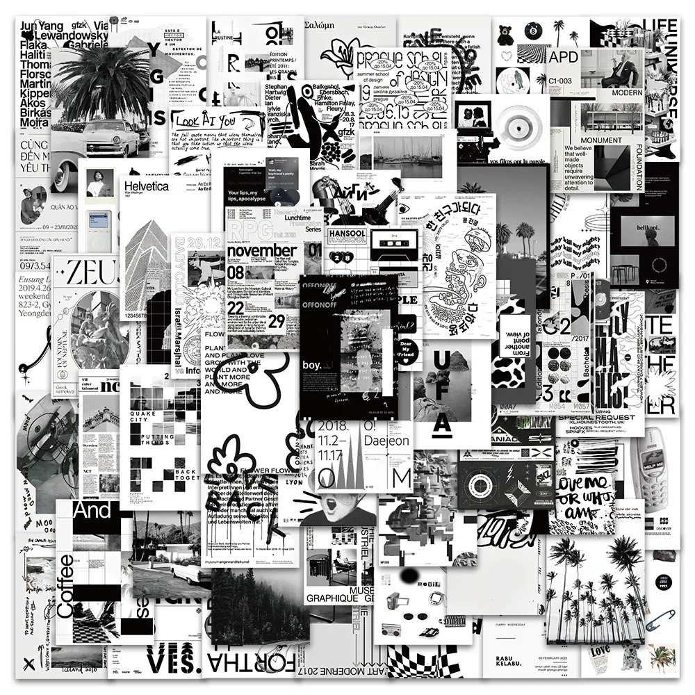 60Pcs Cross-border Cool Black and White Stitching Art Aesthetic Luggage Skateboard Laptop Motorcycle Guitar Graffiti Stickers