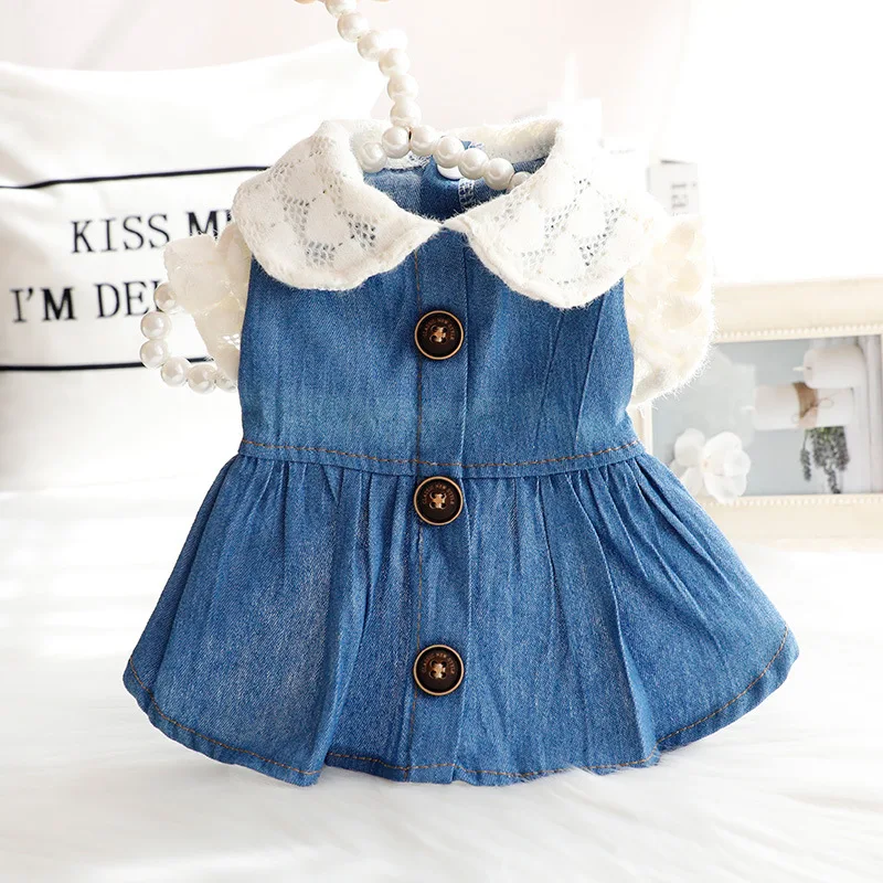 

Denim Skirt Dog Clothes Kawaii Hollow Lace Puffy Sleeves Lapel Shirt Small Dogs Clothing Cat Korean Fashion Spring Pet Products