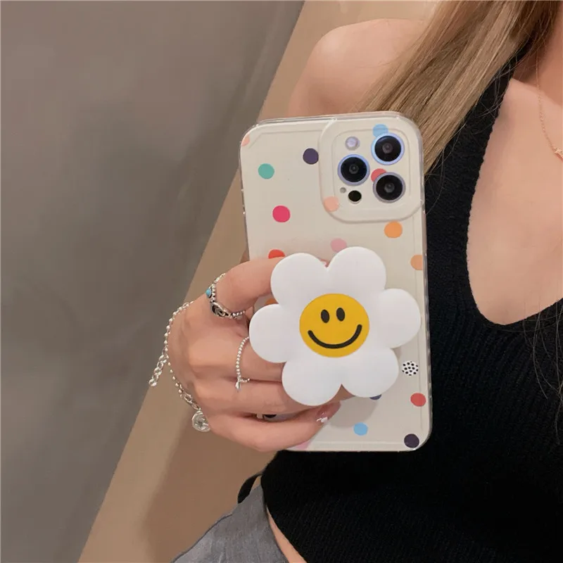 

Cute Daisy Flowers Smile Bracket Phone Case For iPhone 12 Pro Max 11 X 13 XR 7 8Plus SE20 Grip Stand Holder Soft TPU Cover Shell