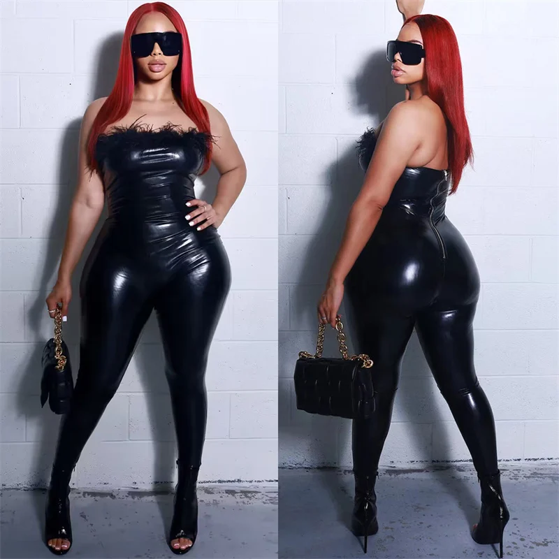 Znaiml Feathers Sleeveless Skinny One Piece Romper Overalls Women Sexy PU Faux Leather Backless Tube Strapless Bodycon Jumpsuit