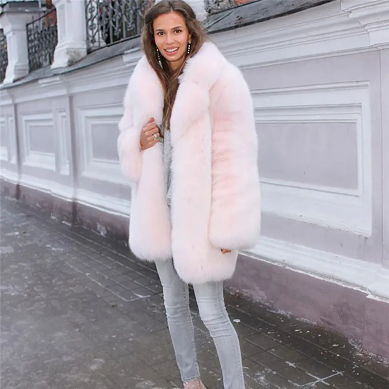 Winter High Quality Real Fox Fur Coat Women 75cm Long Genuine Full Pelt Pink Fox Fur Overcoat With Lapel Collar Warm Outwear enlarge