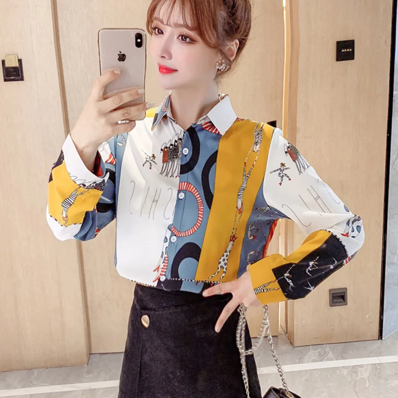 

Elegant Women's Blouses Vintage Print Casual Long Sleeve Shirts Lady Office Silk Tops Blusa Feminina Korean Girls Clothes