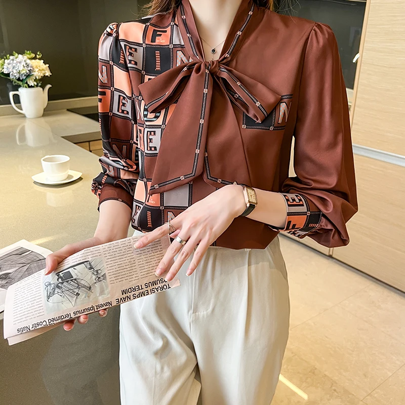 

Summer Blouse Long Sleeve Top Female Clothing Korean Fashion Polo Shirt Poplin Leisure Bow Tie Letter Loose
