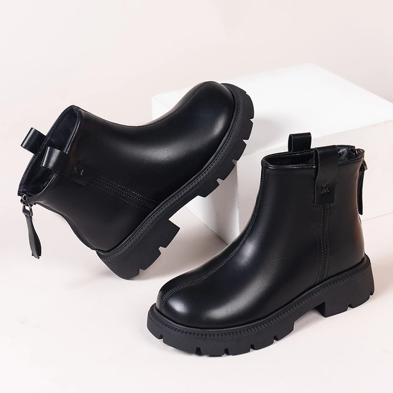 

2023 New Brown Black Boys Short Boots Back Zipper Spring Autumn Chic Girls Leather Boots Non-slip Kids Shoes for Performance PU