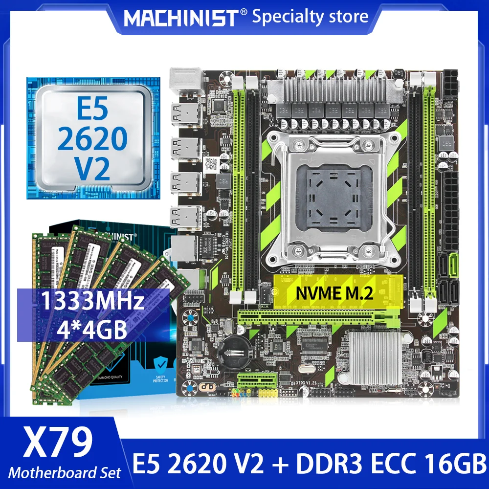 

MACHINIST X79 Motherboard Set LGA 2011 Kit With Xeon E5 2620 V2 CPU Processor 16GB=4*4GB DDR3 1333 ECC RAM Memory NVME M.2 X79G