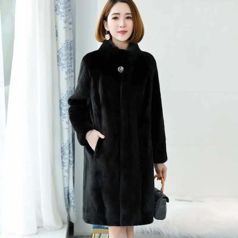 Women's Leather Fur Coat Winter Imitated Mink Coat Fur Marten Overcoats Women's Mid-Length Faux Fur Coat