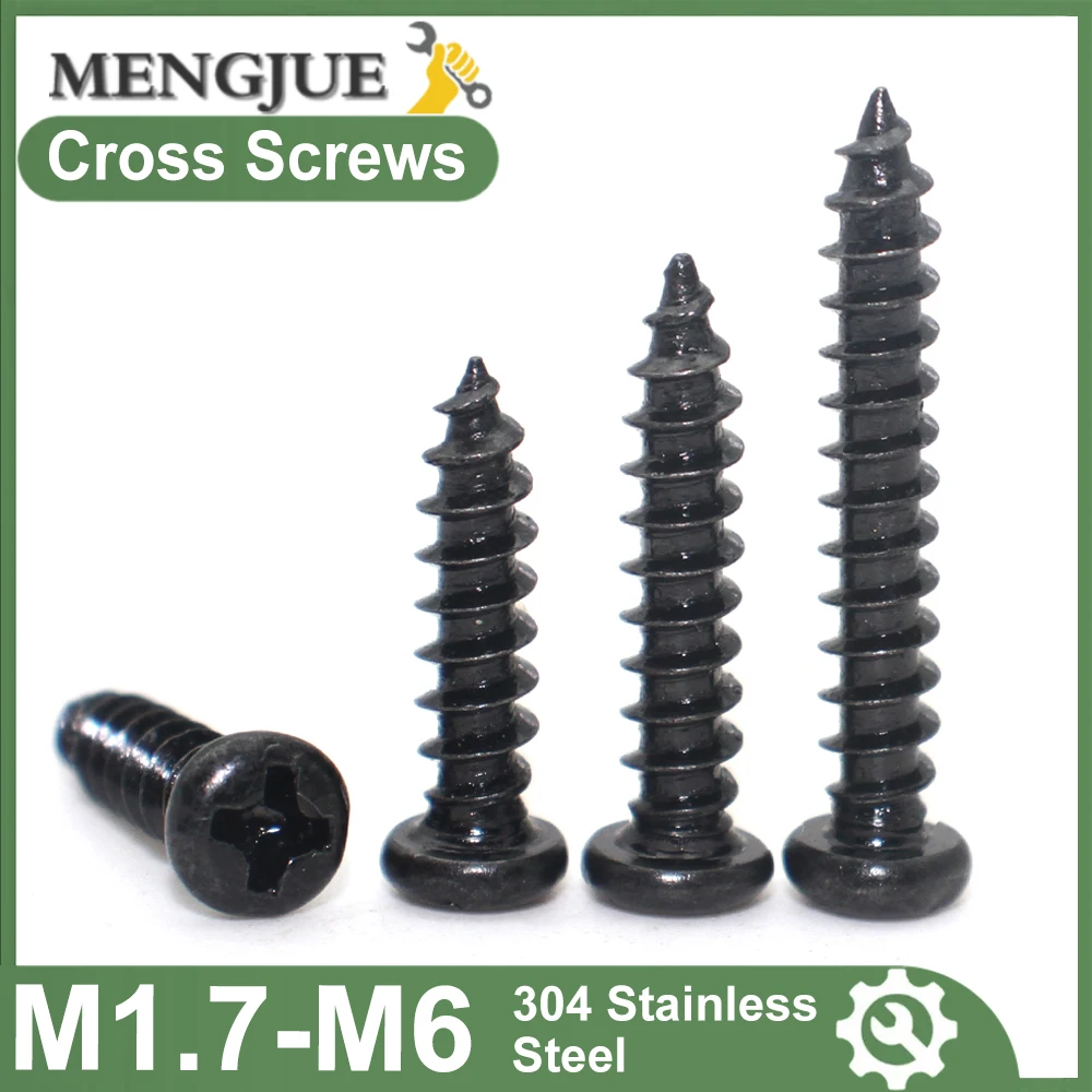 

5 ~ 80 шт. M1.7 M2 M2.3 M2.6 M3 M3.5 M4 M5 M6 Мини-маленький черный саморез из нержавеющей стали 304 с крестообразным шлицем и круглой головкой по дереву