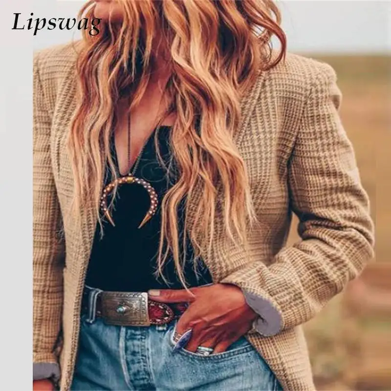 

Vintage Harajuku Plaid Slim Jacket Cardigan Autumn Winter Casual Blazer Coat Women Fashion Long Sleeve Lapel Suit Outerwear Tops