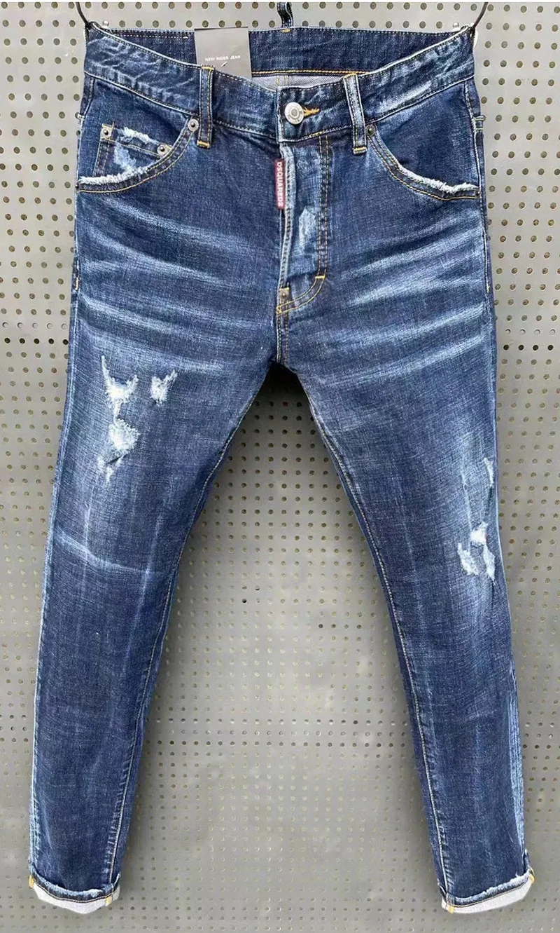 New Tattered Splashed Paint Mens Jeans Slim Fitting Patch Elastic Jeans Blue Tight Beggar Pants for Men