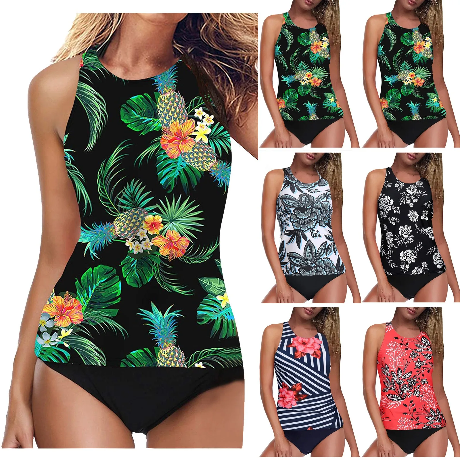 

Women's Small Fresh Print Sexy Beach Bikini Suit Tankini High Waist High Neck Halter Tummy Control Two Piece Summer Swimsuit