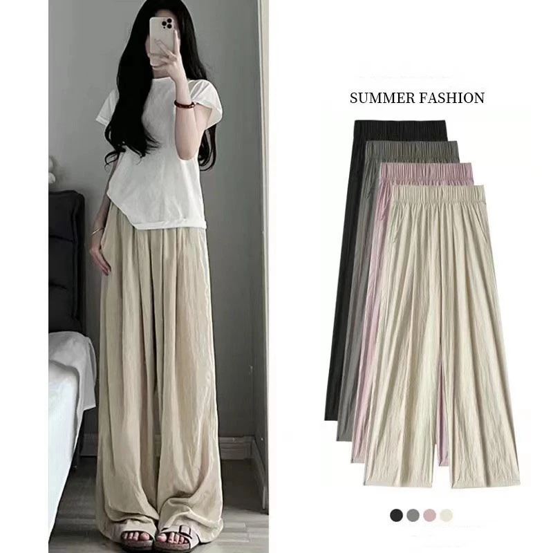 

Women Casual Straight Mop Trousers Sunscreen Wide Leg Elastic Waist Ice Silk High Waist Cool Loose Thin Office Casual Pants