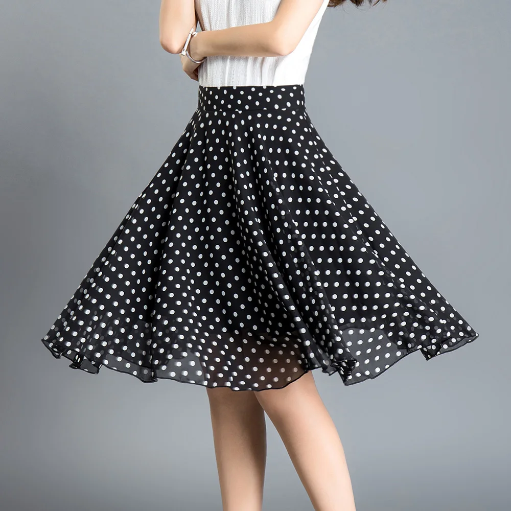 

Larger Size Pleated Chiffon Skirt For Woman 2023 Summer A Line Elastic Waist Polka Dot Print Beach Skirts Femme Saia Midi B36