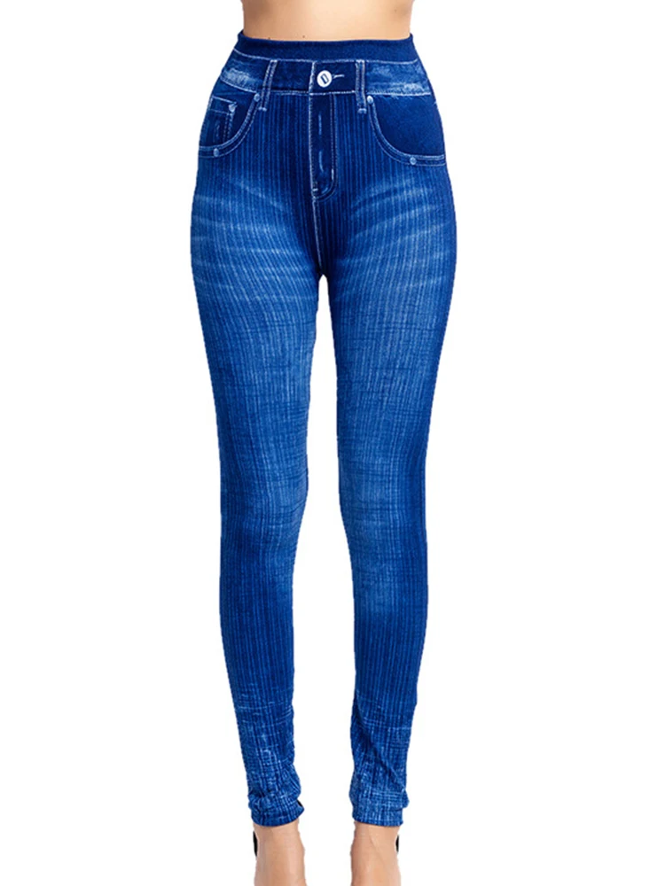 

Casual High Waist Sexy Jeggings Blue False Jeans Elegant Women Clothes Ladies Leggings Stretchy Long Pants