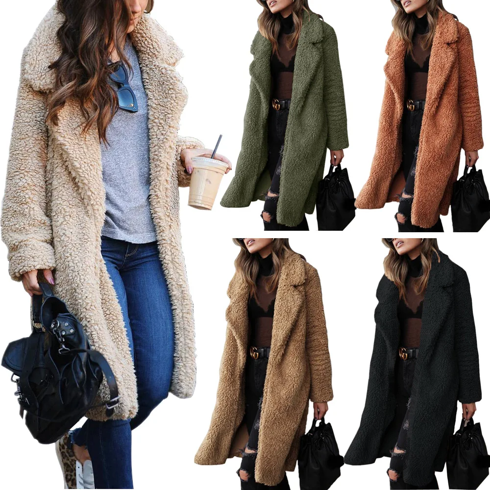 

Winter Women Woolen Coat Fashion New Slim Long Sleeved Lapel Women's Plush Jacket Thicker Warm Soft Outwear Clothes Solid