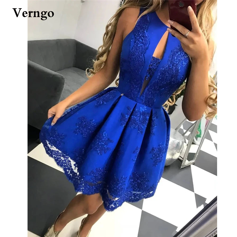 

Короткое атласное платье-мини Verngo с аппликацией, коктейльное платье для выпускного вечера, с круглым вырезом, ярко-синее, арабское